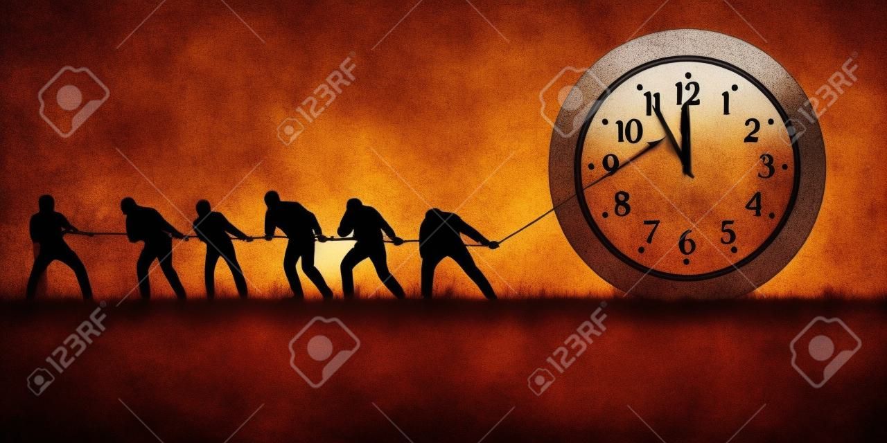 Symbol upływającego czasu z grupą mężczyzn, którzy próbują go zatrzymać, symbolicznie trzymając wskazówki zegara za pomocą liny.