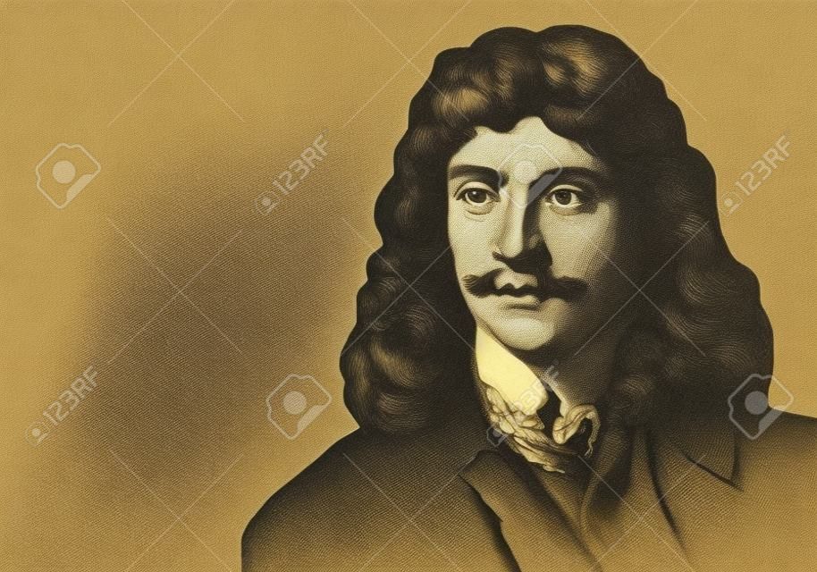 Portrait dessiné de Molière, le célèbre écrivain, acteur et dramaturge français.