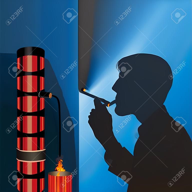 Begrip van het risico van overlijden door kanker van sigaretten en roken, met het silhouet van een roker verbonden met dynamiet.