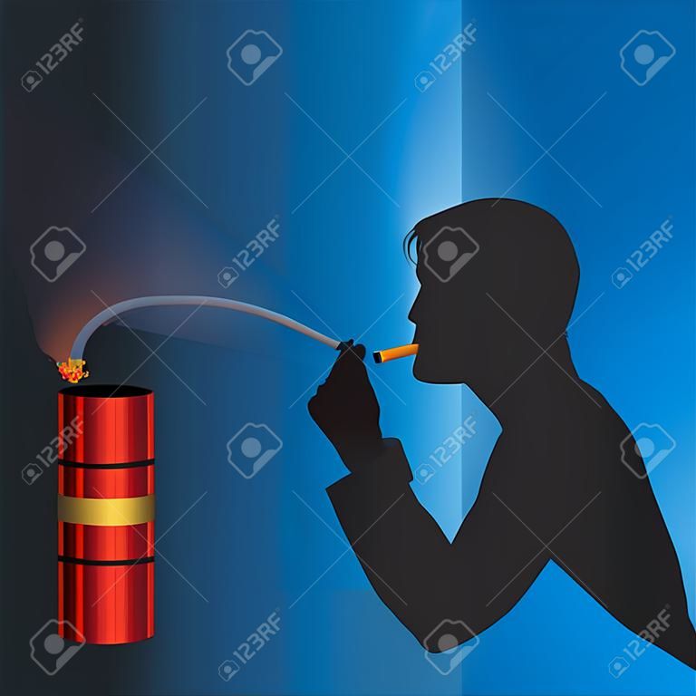 Begrip van het risico van overlijden door kanker van sigaretten en roken, met het silhouet van een roker verbonden met dynamiet.