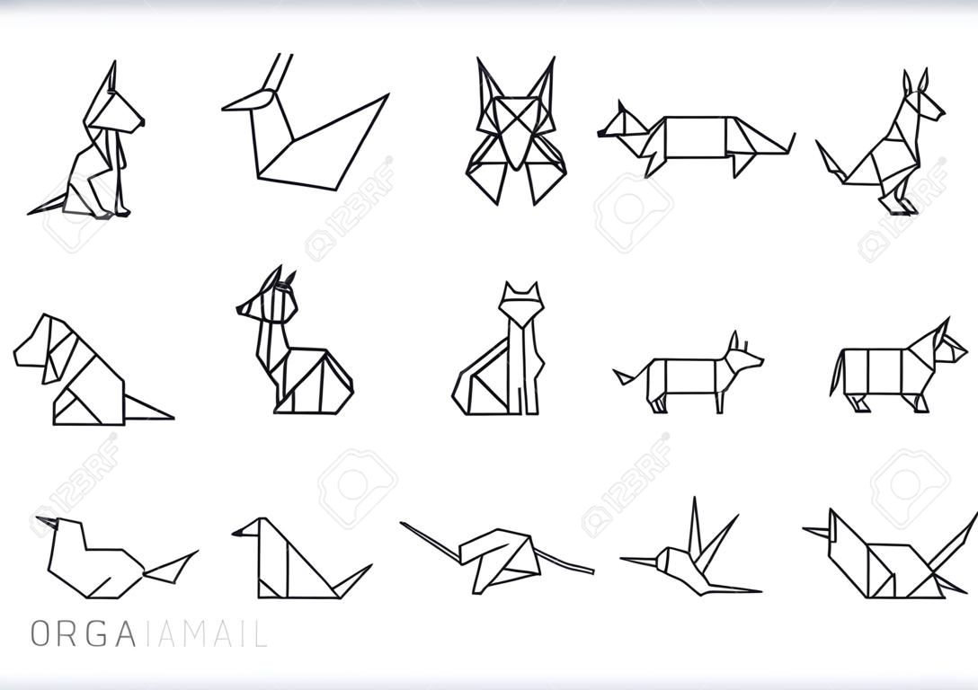 Origami-Ikonen von Tieren aus gefaltetem Papier in der alten japanischen Kunstform