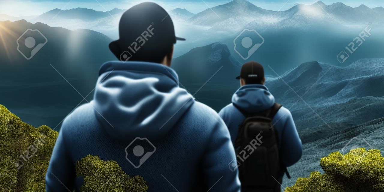 Hikers looking at a beautiful mountain landscape. 3D Rendering