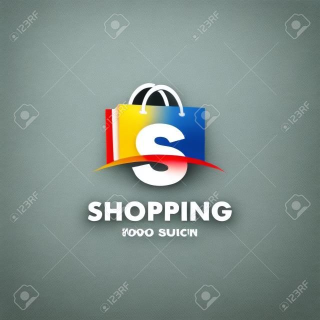 ショッピングバッグに抽象的な文字S。抽象的なショッピングロゴ。オンラインショップのロゴ。