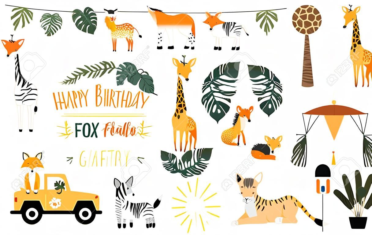 Safari object set with fox, giraffe, zebra, lion, leaves, car. illustration for logo, sticker, postcard, birthday invitation. Editable element