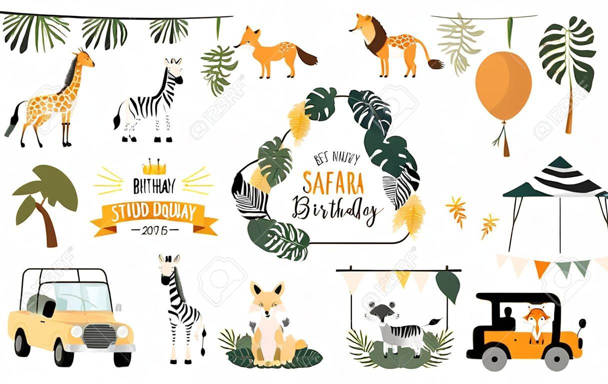 Objeto Safari definido com raposa, girafa, zebra, leão, folhas, carro. ilustração para logotipo, adesivo, cartão postal, convite de aniversário. Elemento editável