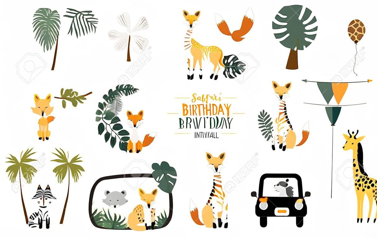 Objeto Safari definido com raposa, girafa, zebra, leão, folhas, carro. ilustração para logotipo, adesivo, cartão postal, convite de aniversário. Elemento editável