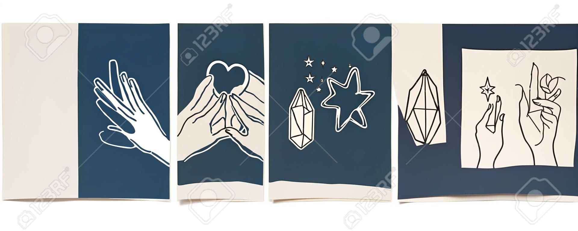 Collection de fond chic sertie de main, cristal, lune, étoile, coeur. Illustration vectorielle modifiable pour site Web, invitation, carte postale et autocollant