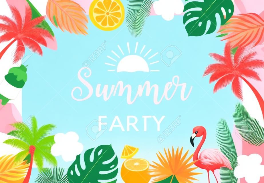 Sammlung von Sommerhintergrund mit Obst, Flamingo, Kokosnussbaum. Bearbeitbare Vektorillustration für Neujahrseinladung, Postkarte und Website-Banner