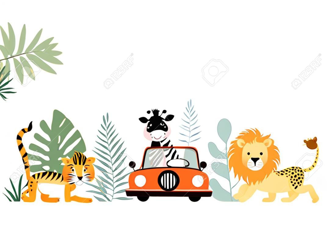 Collezione verde di sfondo safari con zebra, leone, giraffa. Illustrazione vettoriale modificabile per invito di compleanno, cartolina e adesivo