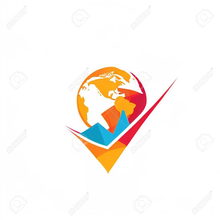 Projeto do logotipo do vetor da verificação do globo. Tick mark e design do ícone do globo.