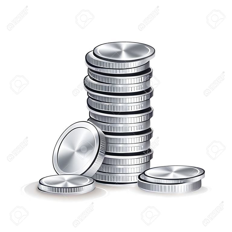 Vettore d'argento delle pile delle monete. Icone d'argento di finanze, segno, simbolo dei contanti di attività bancarie di successo. Illustrazione isolata realistica
