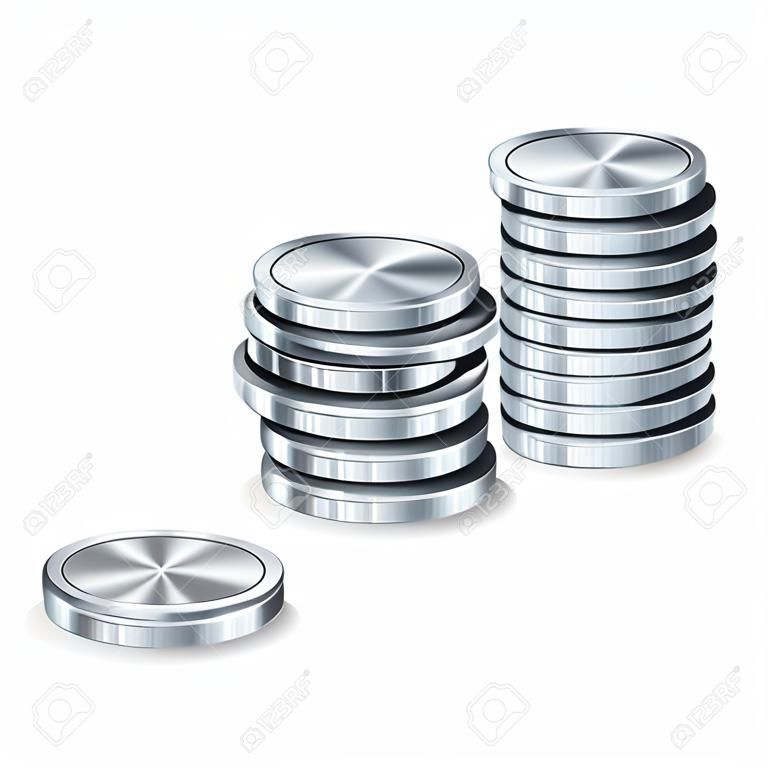 Vettore d'argento delle pile delle monete. Icone d'argento di finanze, segno, simbolo dei contanti di attività bancarie di successo. Illustrazione isolata realistica