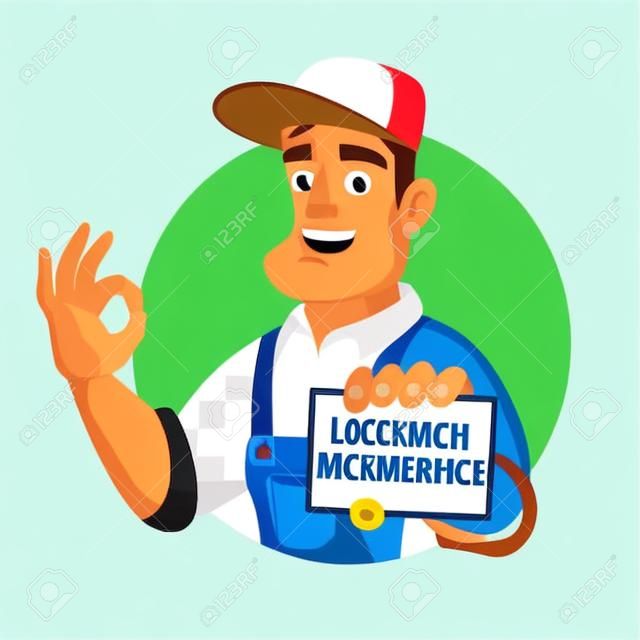 Emergency Locksmith Service Vector. Professional Locksmith Mechanic Work. Flat Cartoon Illustration