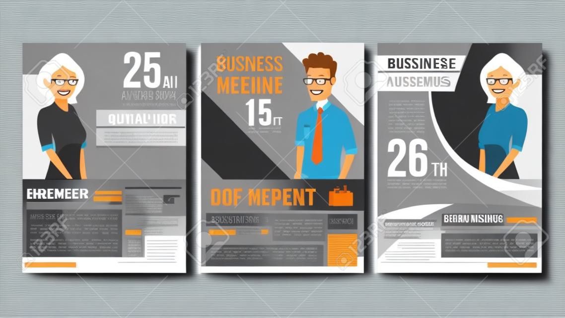 Business Meeting Poster Set Vector. Businessman And Business Woman. Invitation And Date. Conference Template. A4 Size. Cover Annual Report. Flat Cartoon Illustration