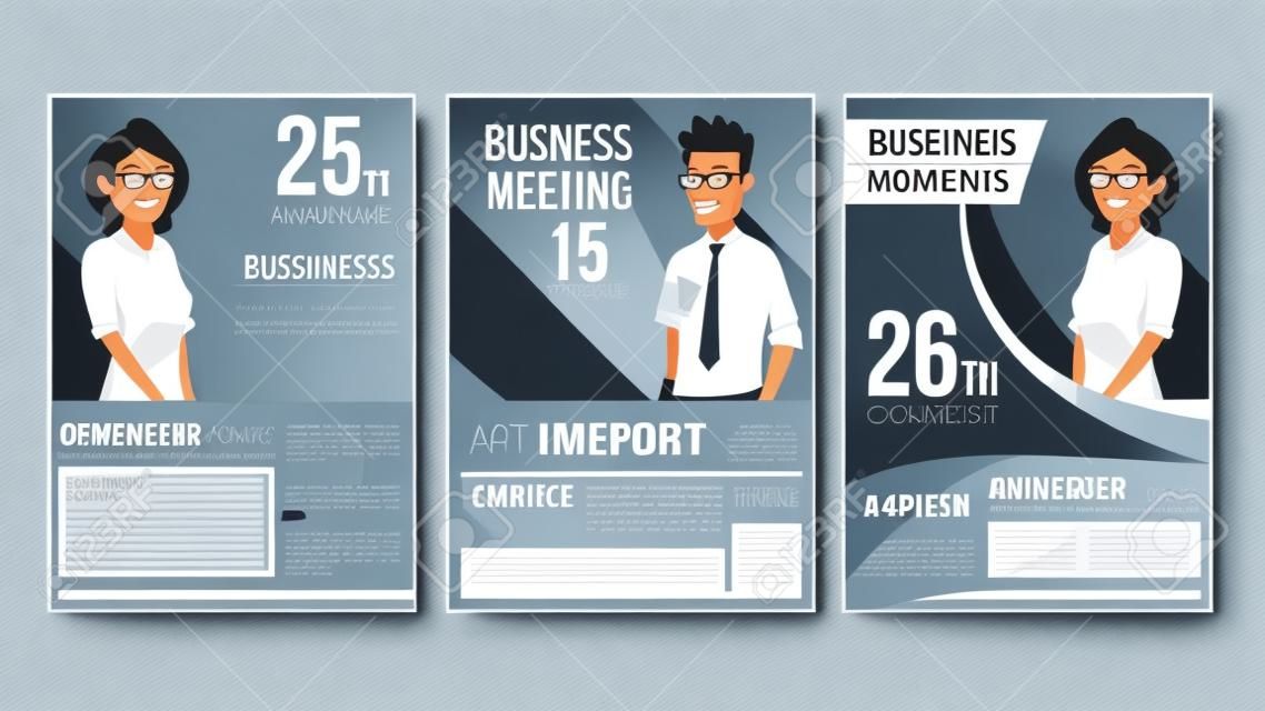 Business Meeting Poster Set Vector. Businessman And Business Woman. Invitation And Date. Conference Template. A4 Size. Cover Annual Report. Flat Cartoon Illustration