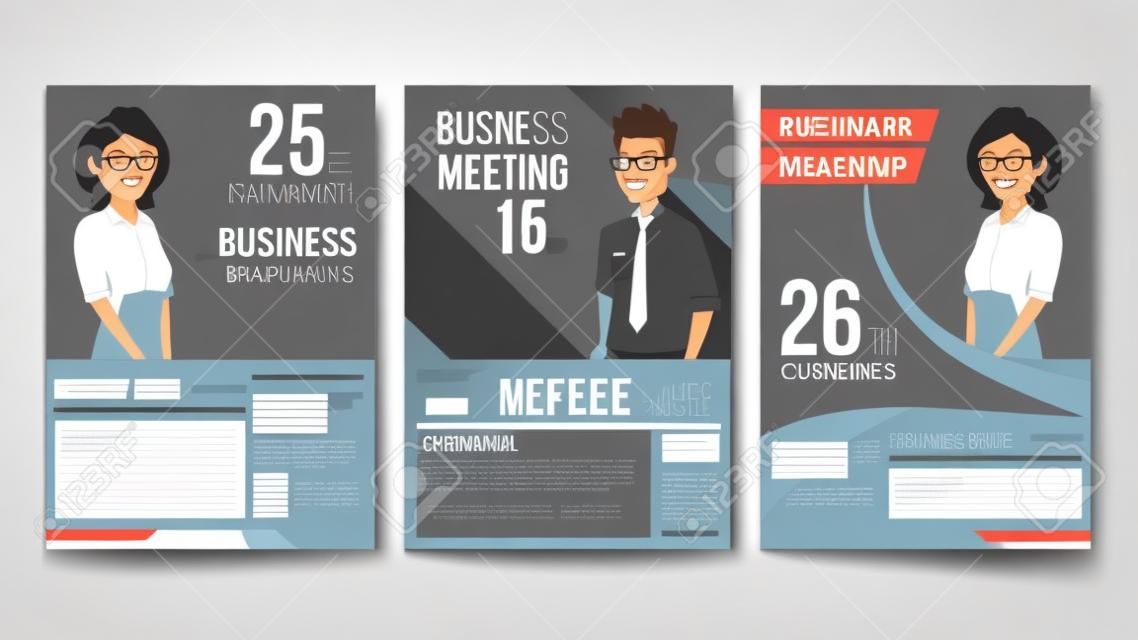 비즈니스 모임 포스터 세트 벡터입니다. 사업가 및 비즈니스 여자입니다. 초대장과 날짜. 회의 템플릿. A4 크기. 연례 보고서 표지. 플랫 만화 일러스트 레이션