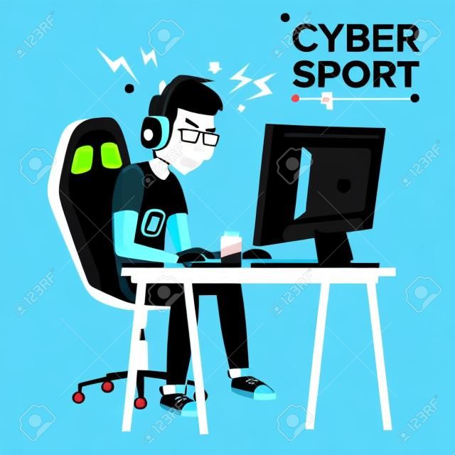 Cyber Sport Player Vector. Playing Computer Game. Professional Gamer. Event. Competition. Game Strategist. Isolated On White Cartoon Character Illustration.