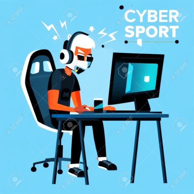 Cyber Sport Player Vector. Giocare al gioco per computer. Giocatore professionista. Evento. Concorrenza. Stratega di gioco. Isolato sull'illustrazione bianca del personaggio dei cartoni animati.