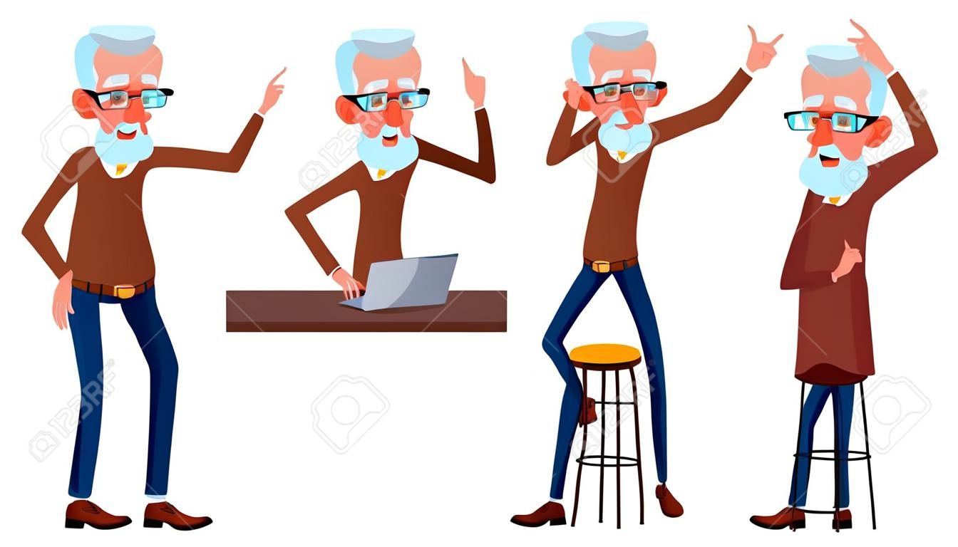 Old Man Poses Set Vector. Elderly People. Senior Person. Aged. Funny Pensioner. Leisure. Postcard, Announcement, Cover Design Isolated Cartoon Illustration