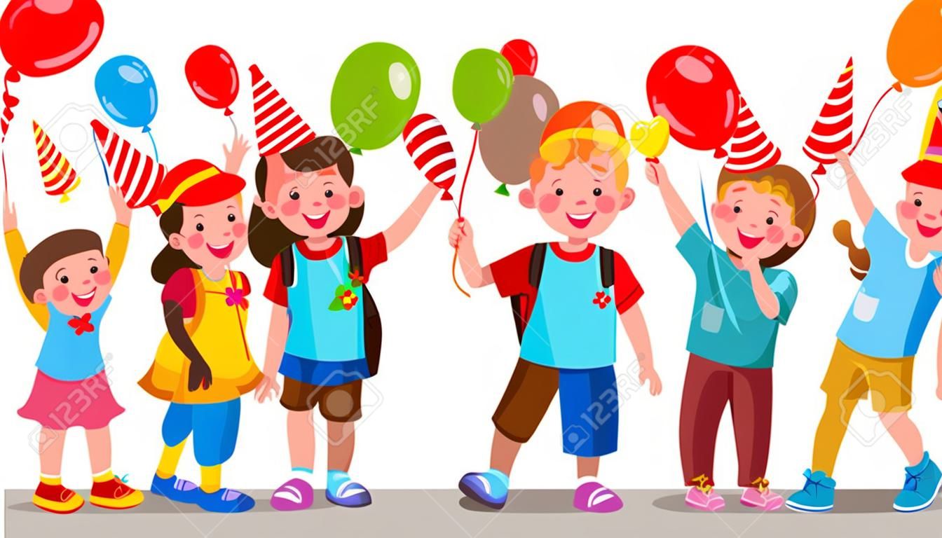 Crianças felizes em tampas de festa com vetor de fundo de balões. Ilustração