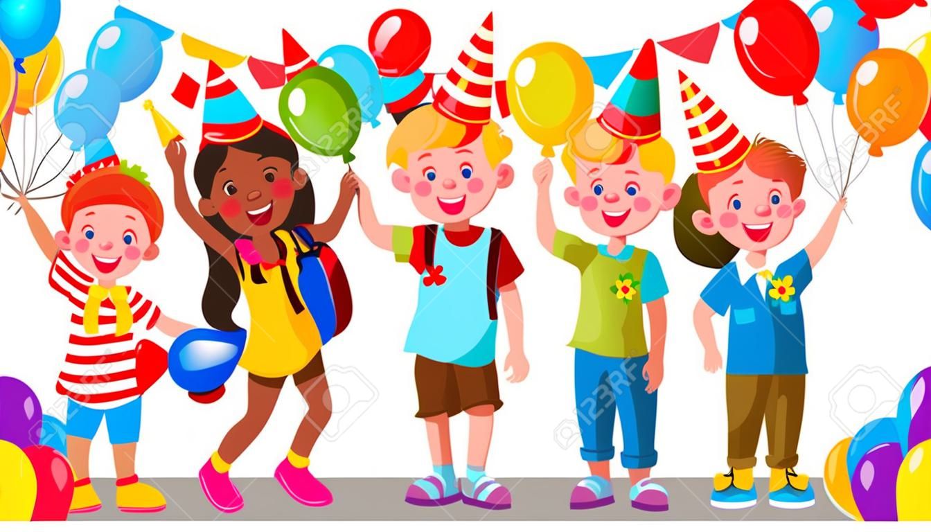 Bambini felici in cappelli di partito con palloncini vettore di sfondo. Illustrazione
