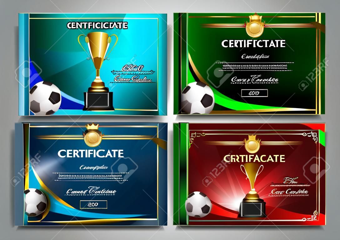 Voetbal Game Certificaat Diploma met Golden Cup Set Vector. Voetbal. Sport Award Template. Bereikbaarheid Design. A4. Afstuderen. Document. Kampioen. Beste Prijs. Winnaar Trophy. Template Illustratie