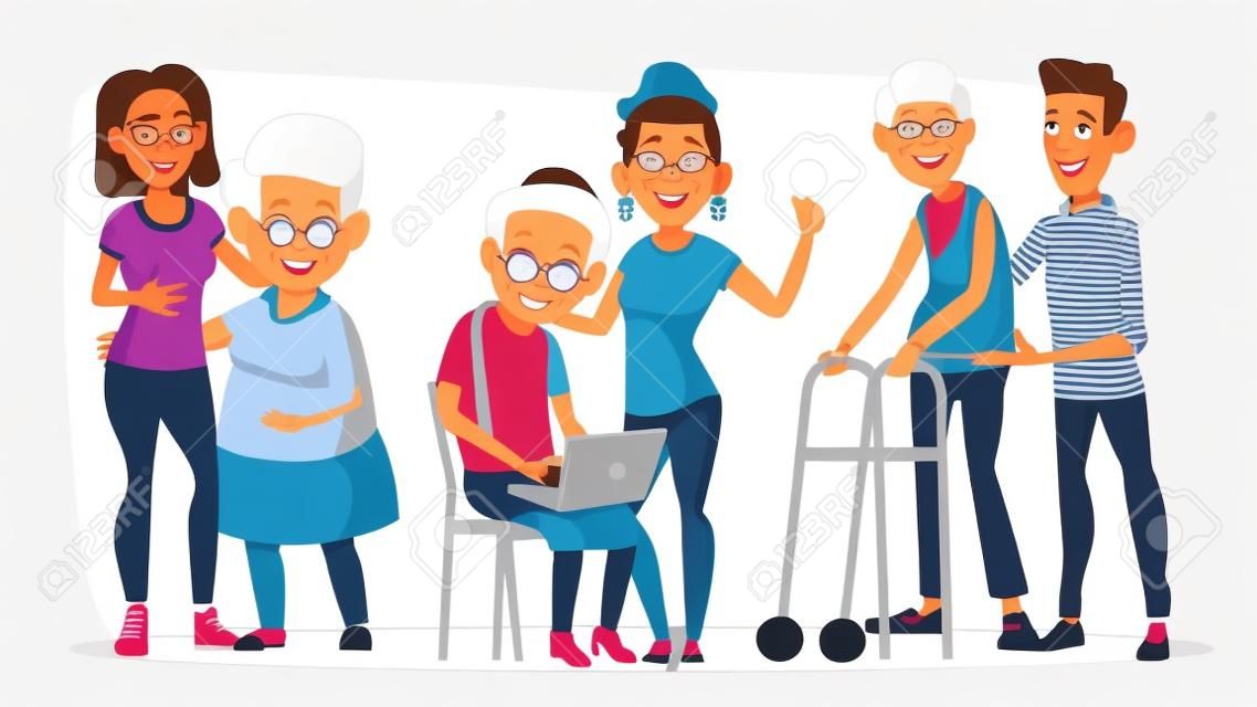 Caregivers, Volunteers, Grandparents, Grandkids Vector Cartoon Characters. Young Caregivers, Students, Teenagers Helping Elderly People. Senior Man, Woman with Children. Age Gap Flat Illustration