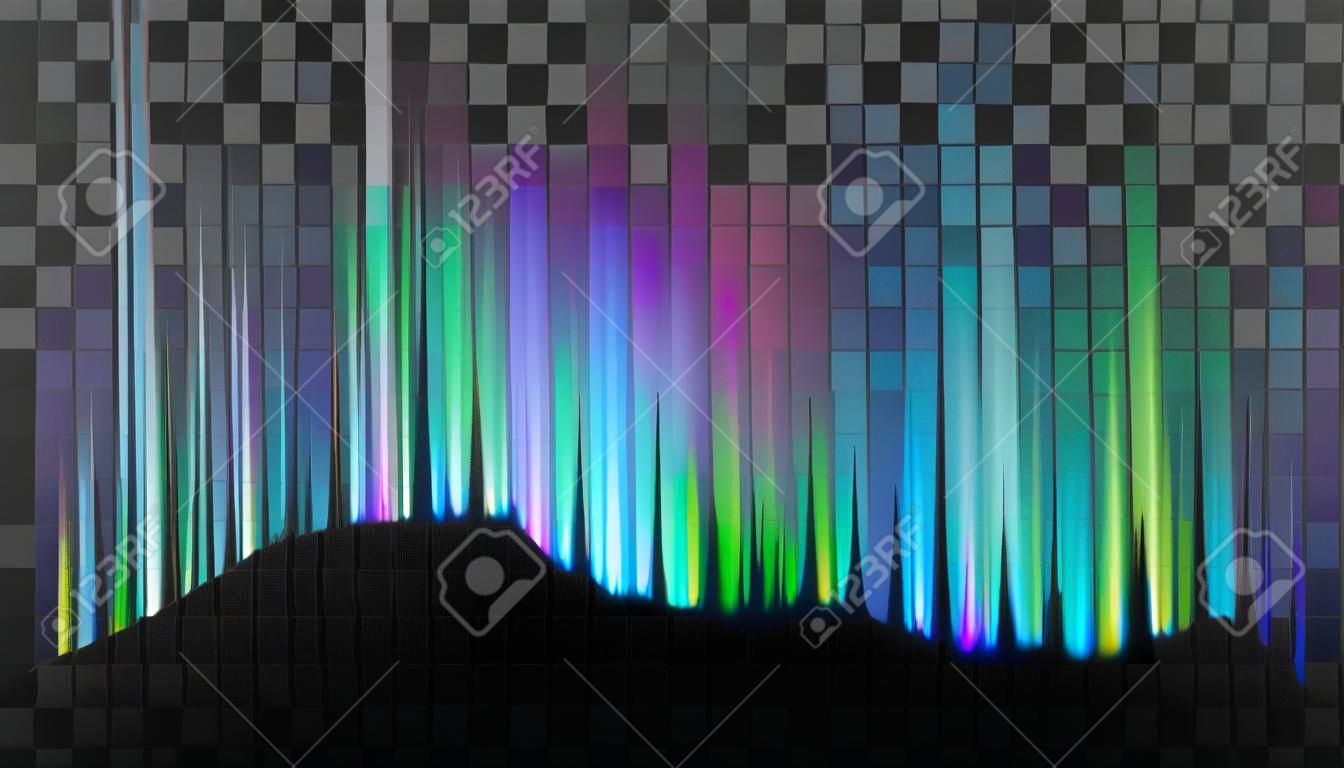 Northern Aurora Lights Strips Borealis Vector. Realistische helle bunte Komposition Lichter Magnetosphäre verursacht durch Sonnenwind auf Transparenz Grid Hintergrund isoliert. 3D-Darstellung