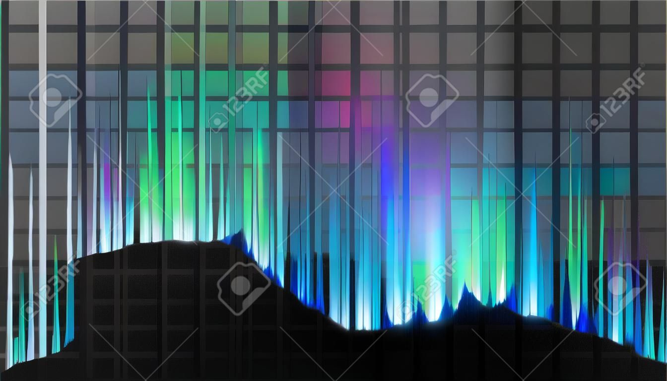 L'aurora boreale strisce il vettore boreale. La composizione colorata luminosa realistica illumina la magnetosfera causata dal vento solare isolato su uno sfondo di griglia di trasparenza. illustrazione 3d