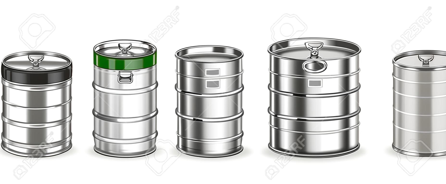 Collection Of Beverage Keg Barrel Cask Set Vector. Different Material And Size. Stainless Steel, Glass And Plastic Container For Storage And Botteling Alcoholic Drink. Realistic 3d Illustration