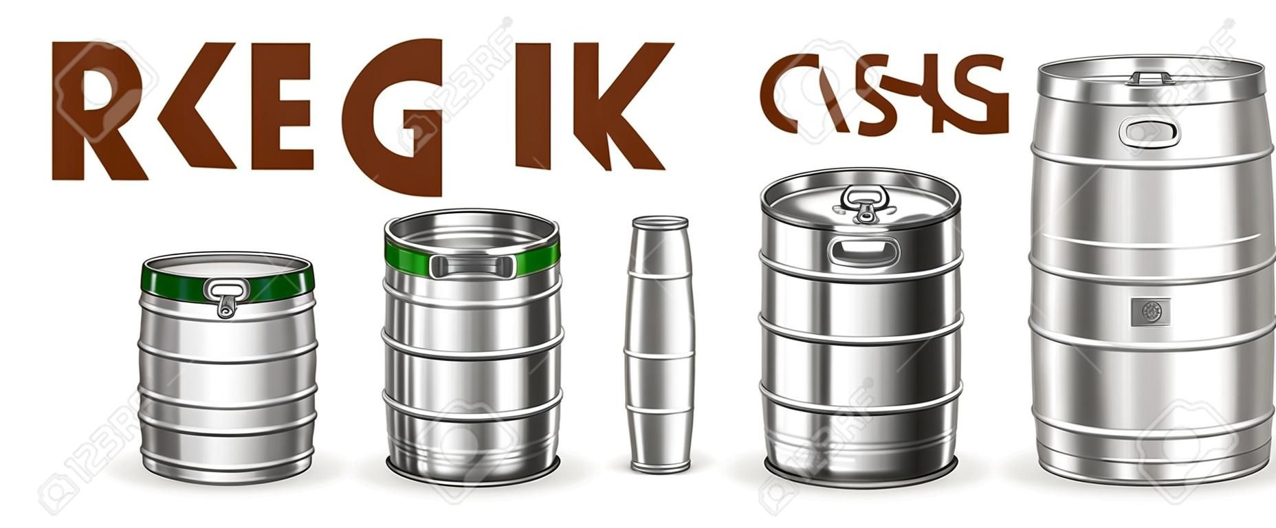 Collection Of Beverage Keg Barrel Cask Set Vector. Different Material And Size. Stainless Steel, Glass And Plastic Container For Storage And Botteling Alcoholic Drink. Realistic 3d Illustration