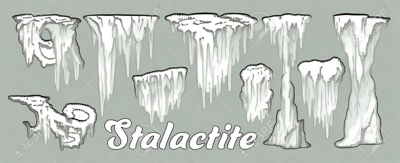 Stalactite And Stalagmite Monochrome Set Vector. Collection In Different Form Cave Stalactite. Mineral Formations Engraving Template Hand Drawn In Vintage Style Black And White Illustrations