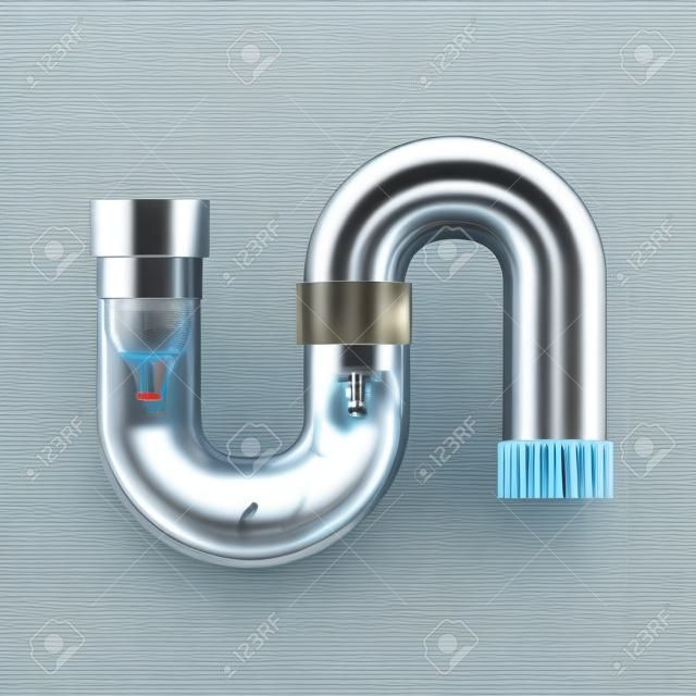 Clogged In Water Bathroom Pipe And Cleaning Vector. Clean Clogged Piping Drain Plumber, Plumbing Canalization, Clog in Siphon. Repair Sanitary Cleaner Template Realistic 3d Illustration