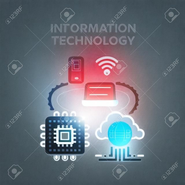 Informational Technology Vector Icon Concept. Informational Technology For Communication, Mobile Phone And Laptop Wireless Network Connection, Microchip And Cloud Storage Color Illustration