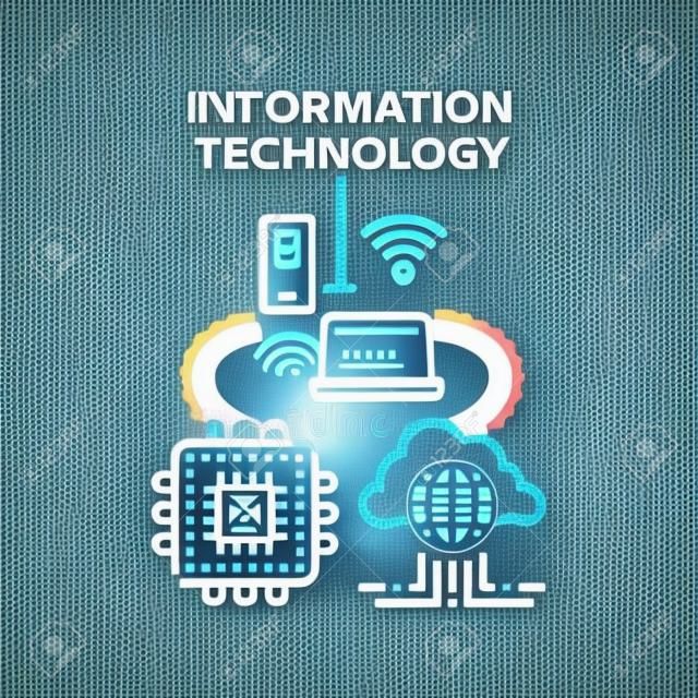 Informational Technology Vector Icon Concept. Informational Technology For Communication, Mobile Phone And Laptop Wireless Network Connection, Microchip And Cloud Storage Color Illustration