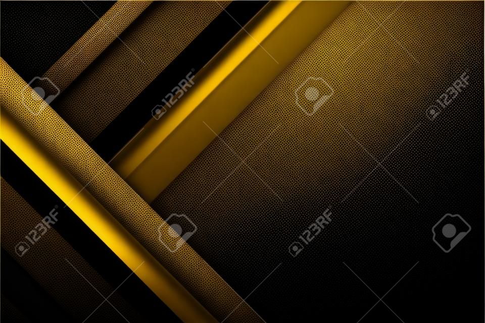 Luxury black overlap layers background with gold line effect. Realistic halftone dots on textured dark background
