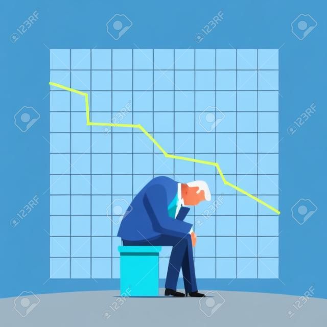 Business concept illustration. Sitting sad businessman. Falling chart on the blue background. Elements are layered separately in vector file.