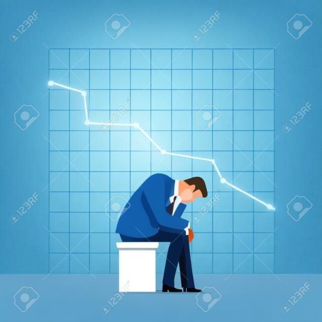 Business concept illustration. Sitting sad businessman. Falling chart on the blue background. Elements are layered separately in vector file.