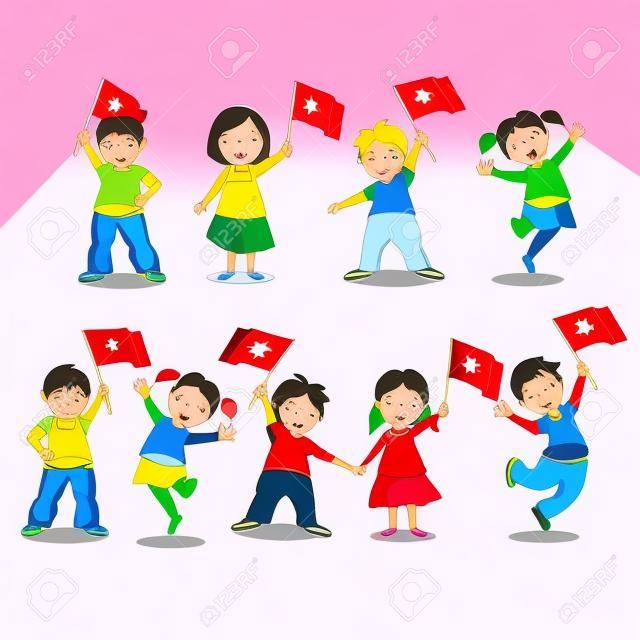 Vector illustration of children with Turkish flag. 23 Nisan Çocuk Bayrami, April 23 Turkish National Sovereignty and Children's Day.