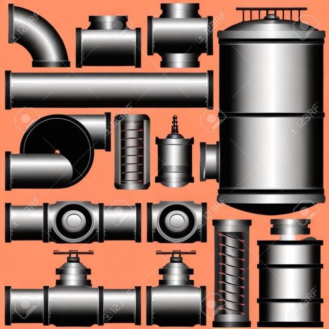 Piezas de tubería industrial de tuberías, tanques, válvulas, motor, eje, Ilustración Vector Conector