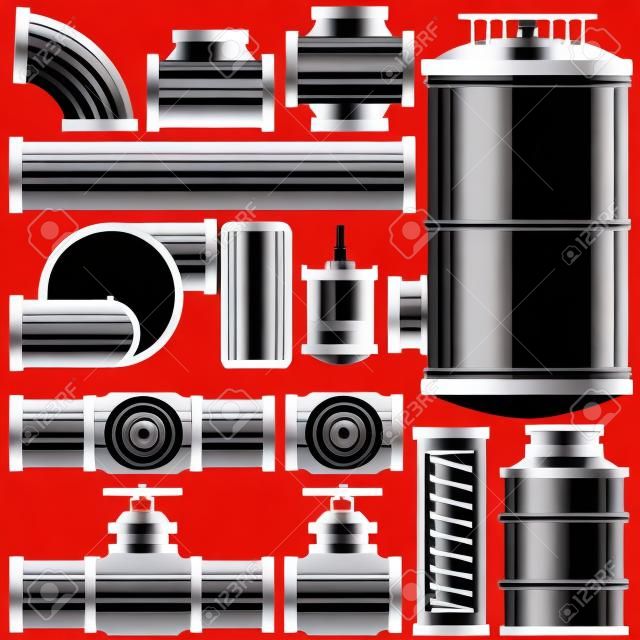 Промышленной трубопроводной части трубы, бак, клапан, двигатель, вал, разъем векторные иллюстрации