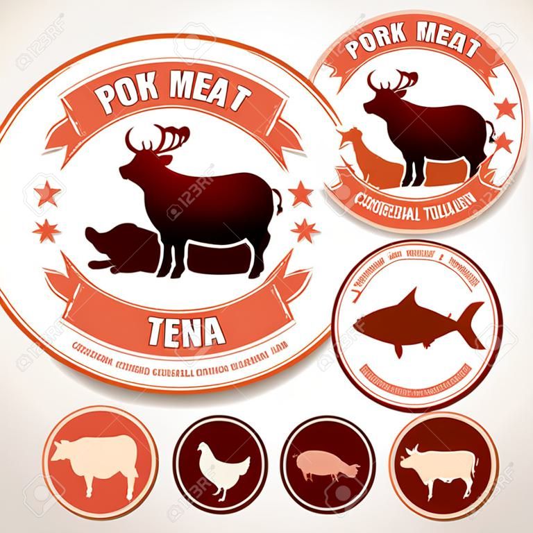 Etichette carne retrò. Etichetta con illustrazioni di maiale, manzo, pollo, agnello e tonno. Set di vettore.