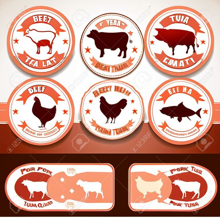 Rétro étiquettes de viande. Illustrations étiquette avec de porc, de boeuf, de poulet, d'agneau et de thon. Vecteur défini.