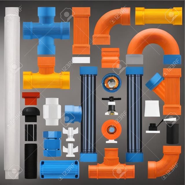 PVC 파이프 라인 건설. 키트는 플라스틱 스트레이트 파이프 부품, 커넥터, 밸브, 그릴, 곡선 팔꿈치를 포함합니다. 벡터 사용자 정의 키트