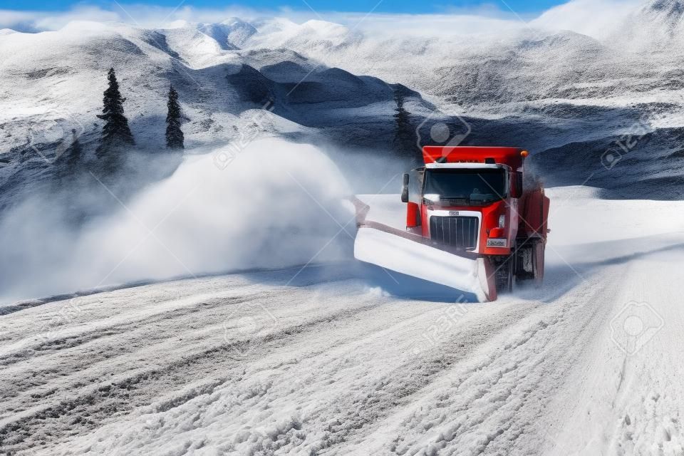 Sneeuwploeg truck clearing weg na whiteout winter sneeuwstorm sneeuwstorm voor voertuig toegang