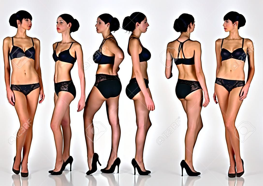 Many women figures  full lengh from all angles in black underwear in studio with grey background. Not object.