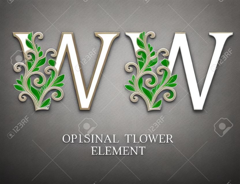 Elegant initial letters W in two color variations with botanical element. Vector letters logo design template set. Alphabet label sign for company branding and identity.Unique concept type as logotype
