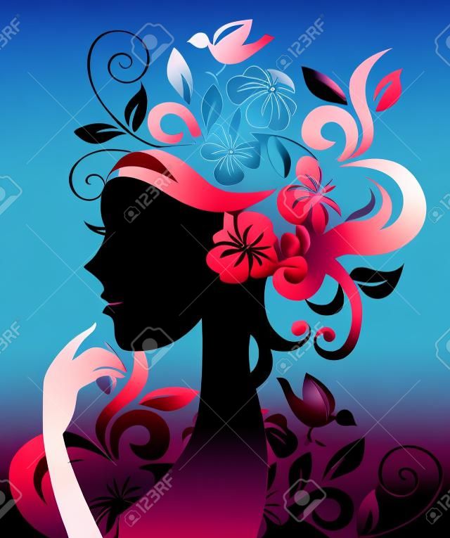 Bella donna, silhouette, con fiori e uccelli