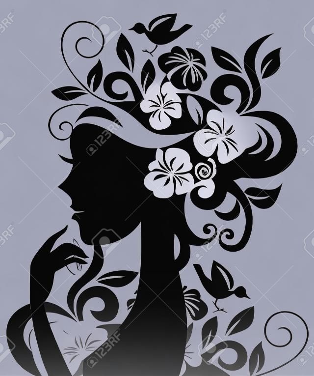 Silhouette belle femme avec des fleurs et des oiseaux