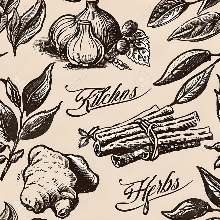Seamless pattern of kitchen herbs and spices. Hand drawn sketch illustrations
